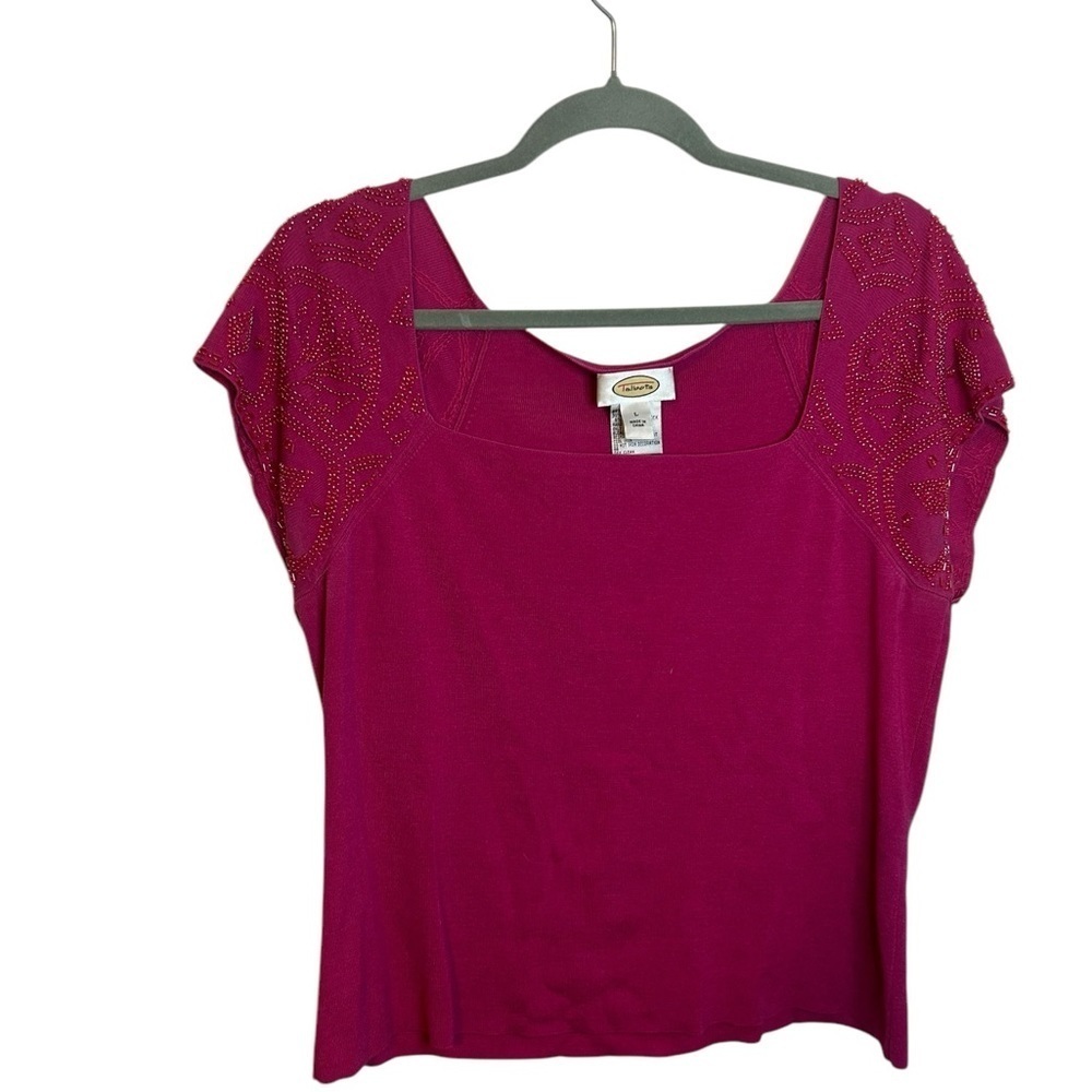 Talbots Vintage Hot Pink Beaded Silk Short Sleeve Sweater